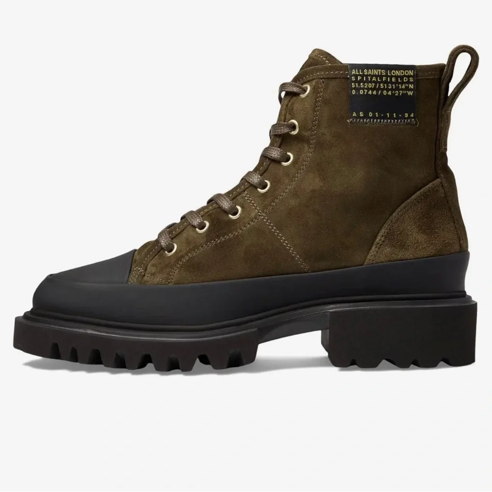 NWT All Saints Myla suede boot in olive/brown with black trim - Picture 5 of 13